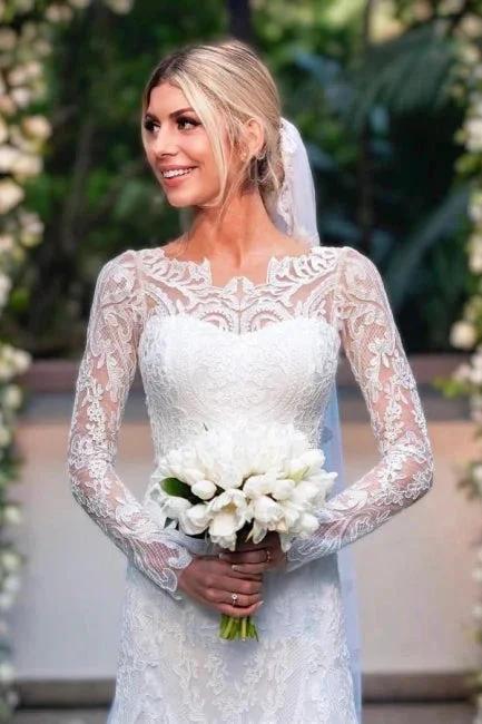 Amazing Column Lace Long Sleeve White Wedding Dresses With Appliques (ZD16636)
