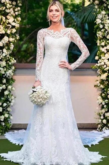 Amazing Column Lace Long Sleeve White Wedding Dresses With Appliques (ZD16636)