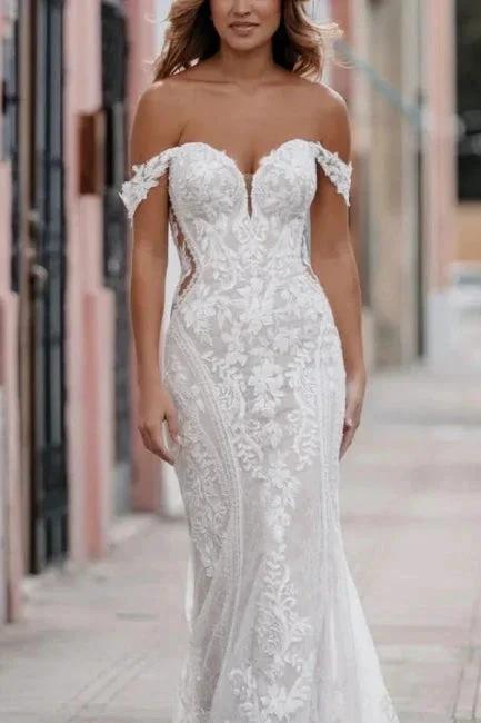 Amazing Column Lace Sweetheart Sleeveless White Wedding Dress With Appliques (ZD16678) - VelvetHem