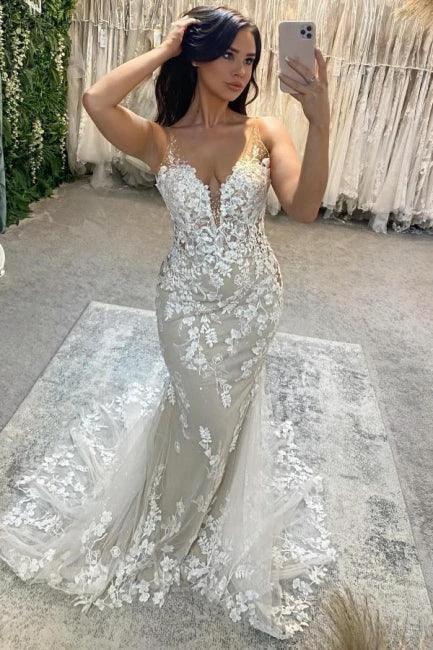 Amazing Column Tulle Lace Spaghetti Straps Sleeveless Ivory Wedding Dress With Appliques (ZD15503) - VelvetHem