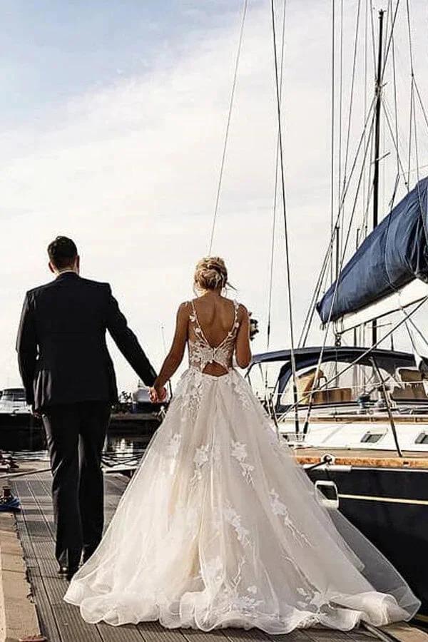 Amazing Long A-line Appliques Lace Tulle Chapel Train Wedding Dress (ZD14457) - VelvetHem