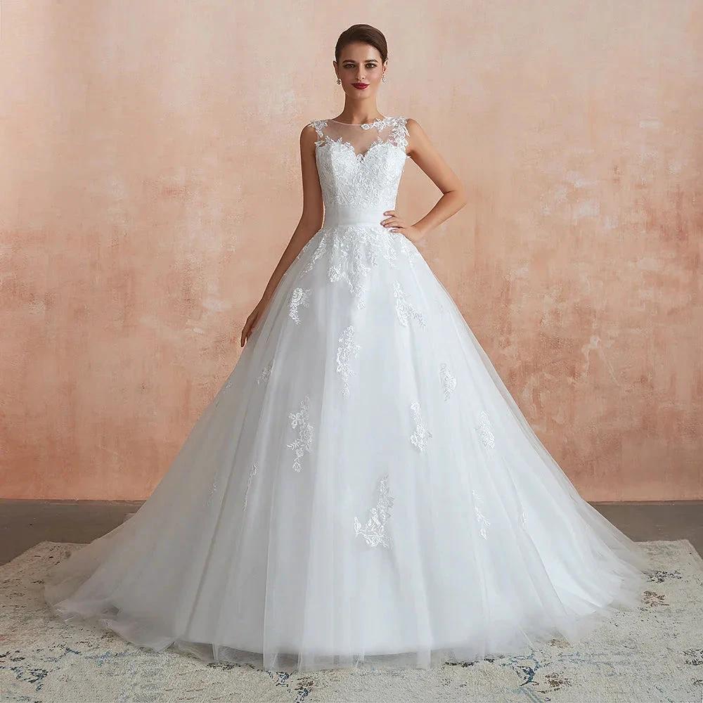 Amazing Long A-line Appliques Lace Tulle Wedding Dress (ZD14403)