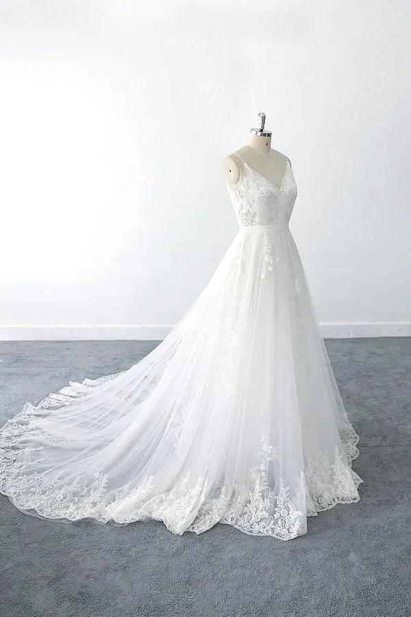Amazing Long A-line V-neck Ruffle Appliques Tulle Wedding Dress (ZD15789)