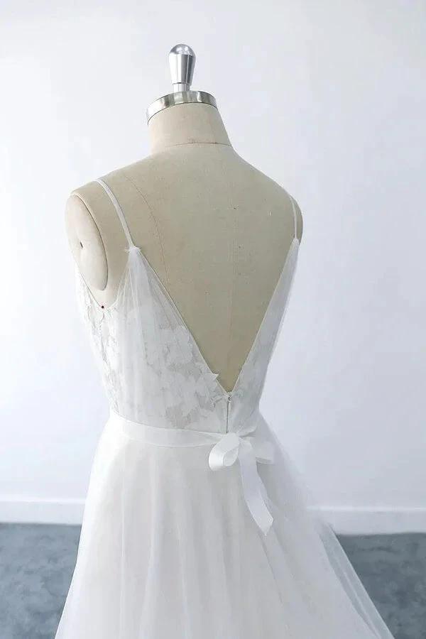 Amazing Long A-line V-neck Ruffle Appliques Tulle Wedding Dress (ZD15789)