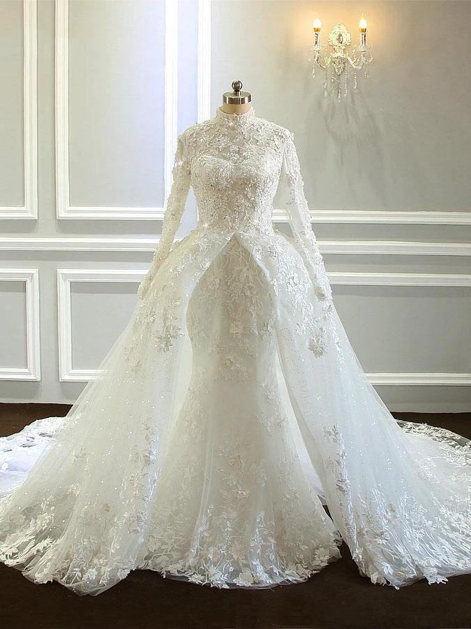 Amazing Long Mermaid High Neck Tulle Lace Wedding Dresses with Sleeves (ZD15879) - VelvetHem