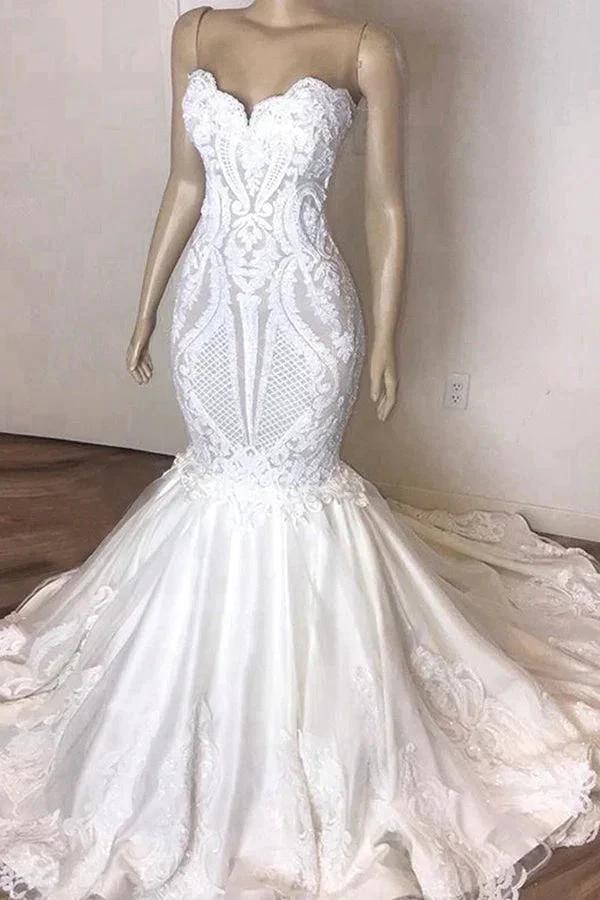 Amazing Long Mermaid Strapless Appliques Lace Wedding Dress (ZD15793) - VelvetHem