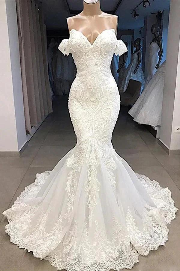 Amazing Long Mermaid Sweetheart Appliqued Lace Wedding Dress with Sleeves (ZD15791)