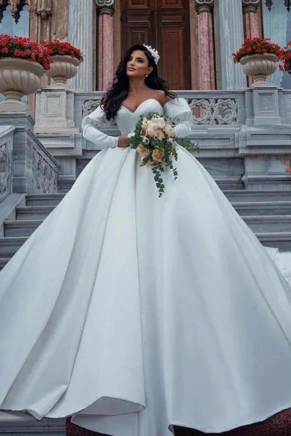 Amazing Long Princess Satin Sweetheart Wedding Dresses with Sleeves (ZD15041) - VelvetHem