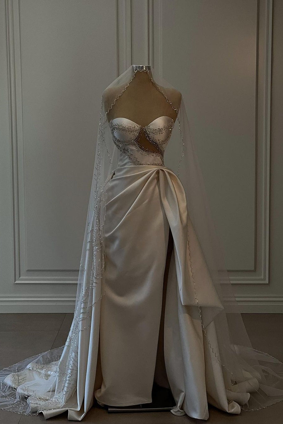 Breathtaking Long White Beaded Sleeveless Satin Wedding Dress Featuring Slit (ZD17479) - VelvetHem