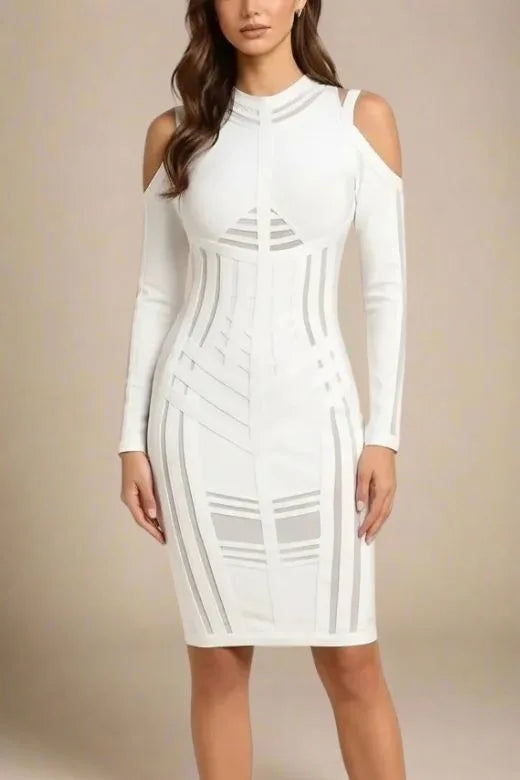 Amelia Long Sleeve Bandage Dress - White Pearl