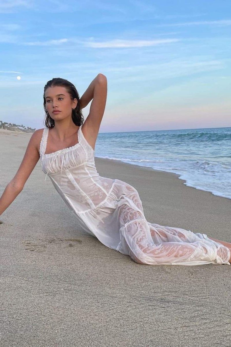 Luisa Minimalist Semi Sheer Maxi Dress with Ruffles Designer Edit