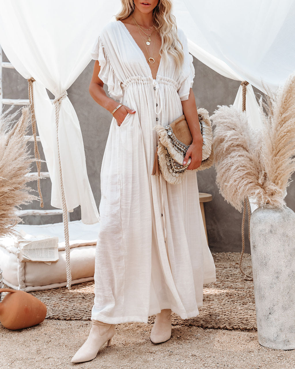 Anika Pocketed Button Down Ruffle Maxi Dress Bamboo Cream