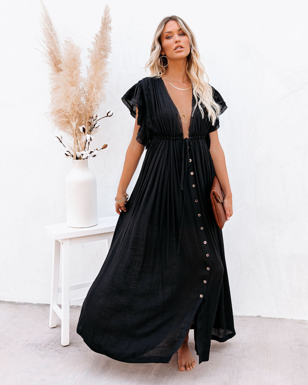 Anika Pocketed Button Down Ruffle Maxi Dress Black