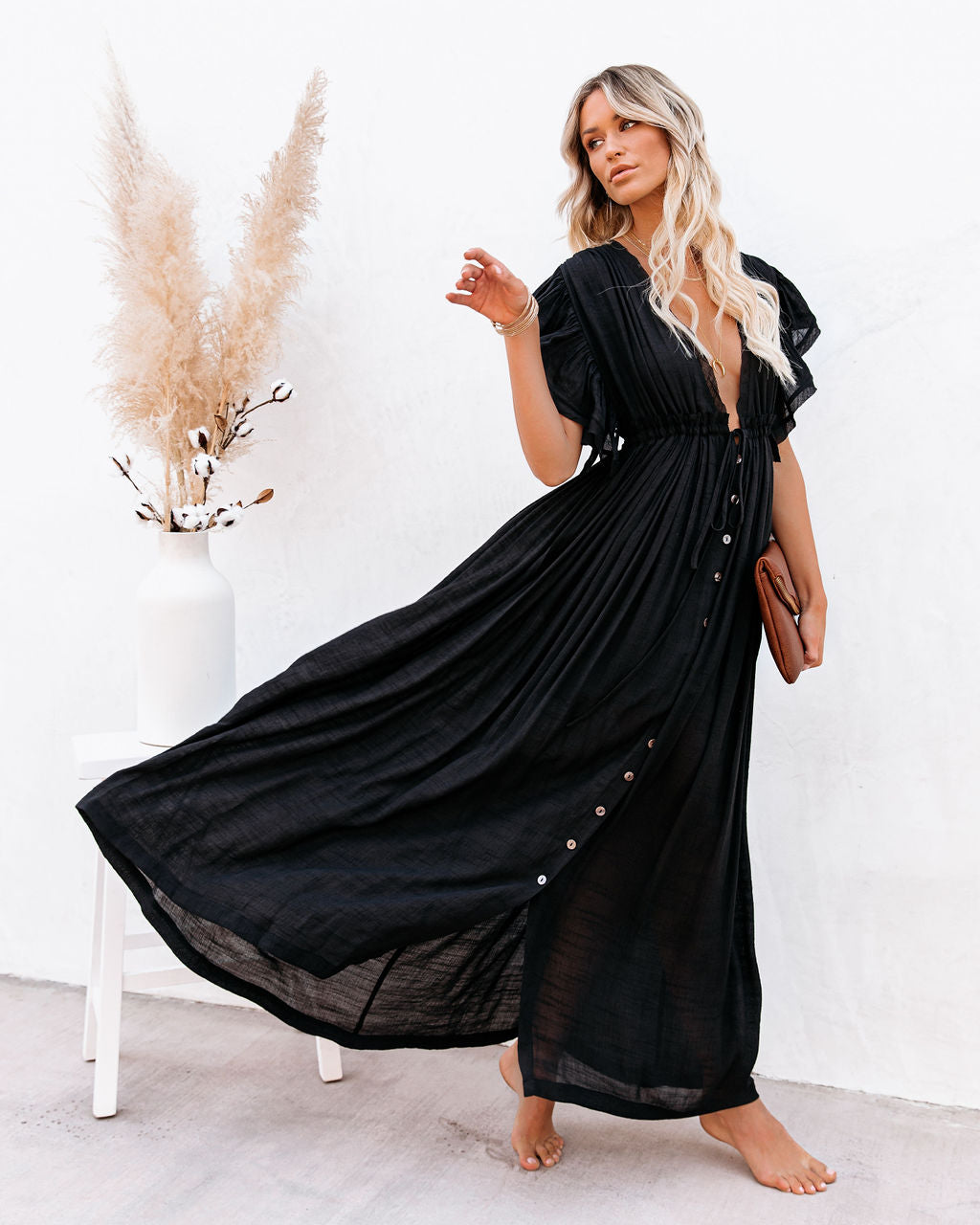 Anika Pocketed Button Down Ruffle Maxi Dress Black