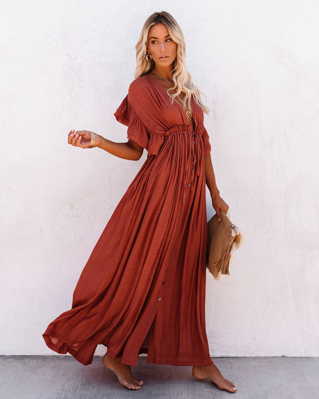 Anika Pocketed Button Down Ruffle Maxi Dress Terracotta