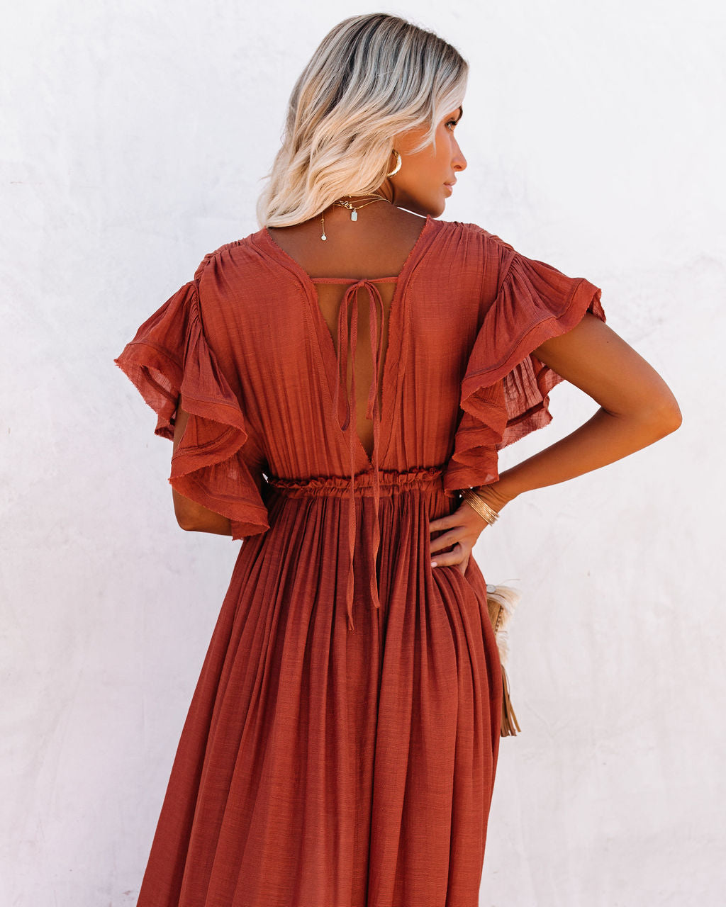 Anika Pocketed Button Down Ruffle Maxi Dress Terracotta