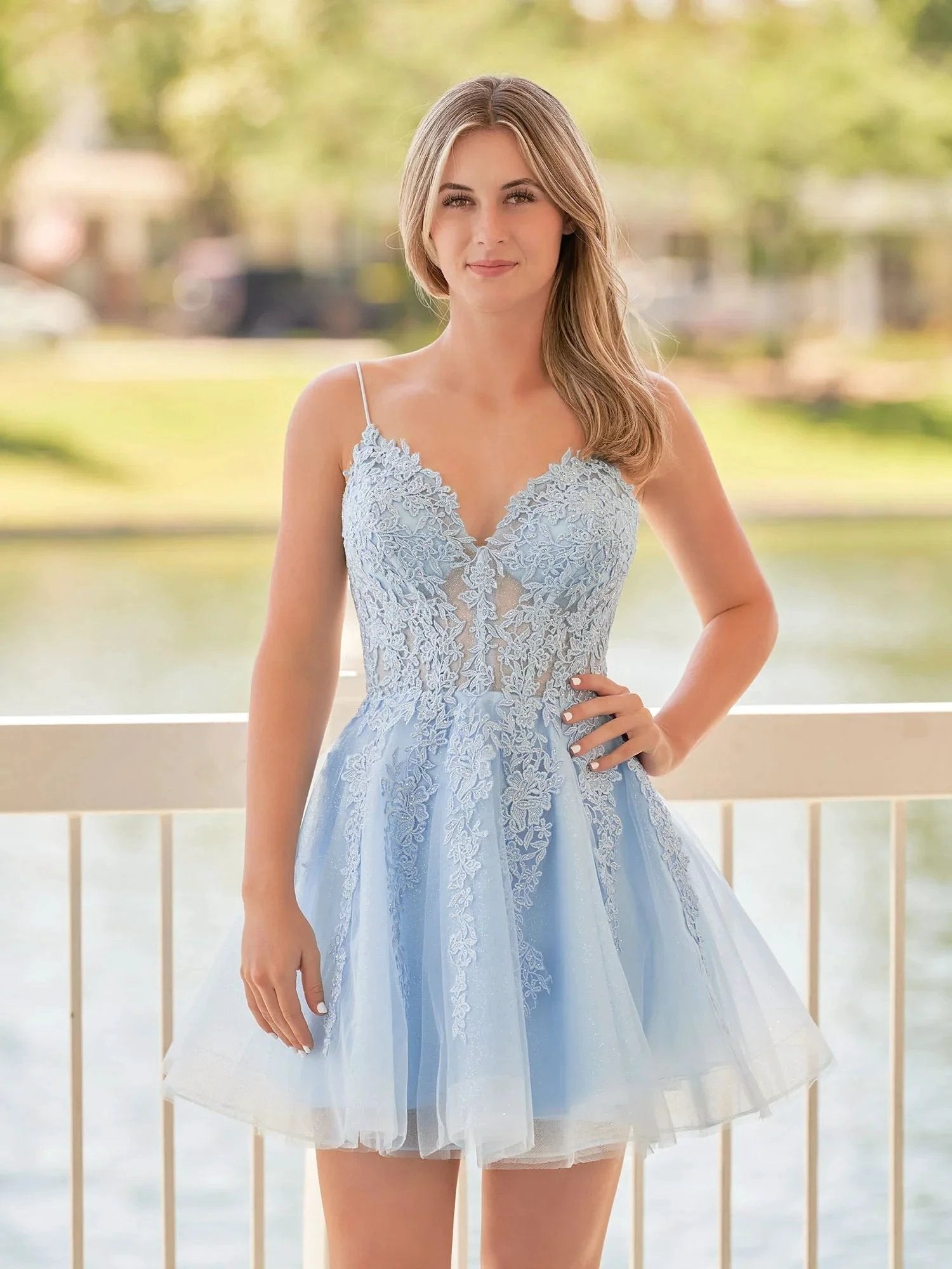 A-Line Spaghetti-Straps Sky Blue Lace Homecoming Dress With Appliques by KissProm