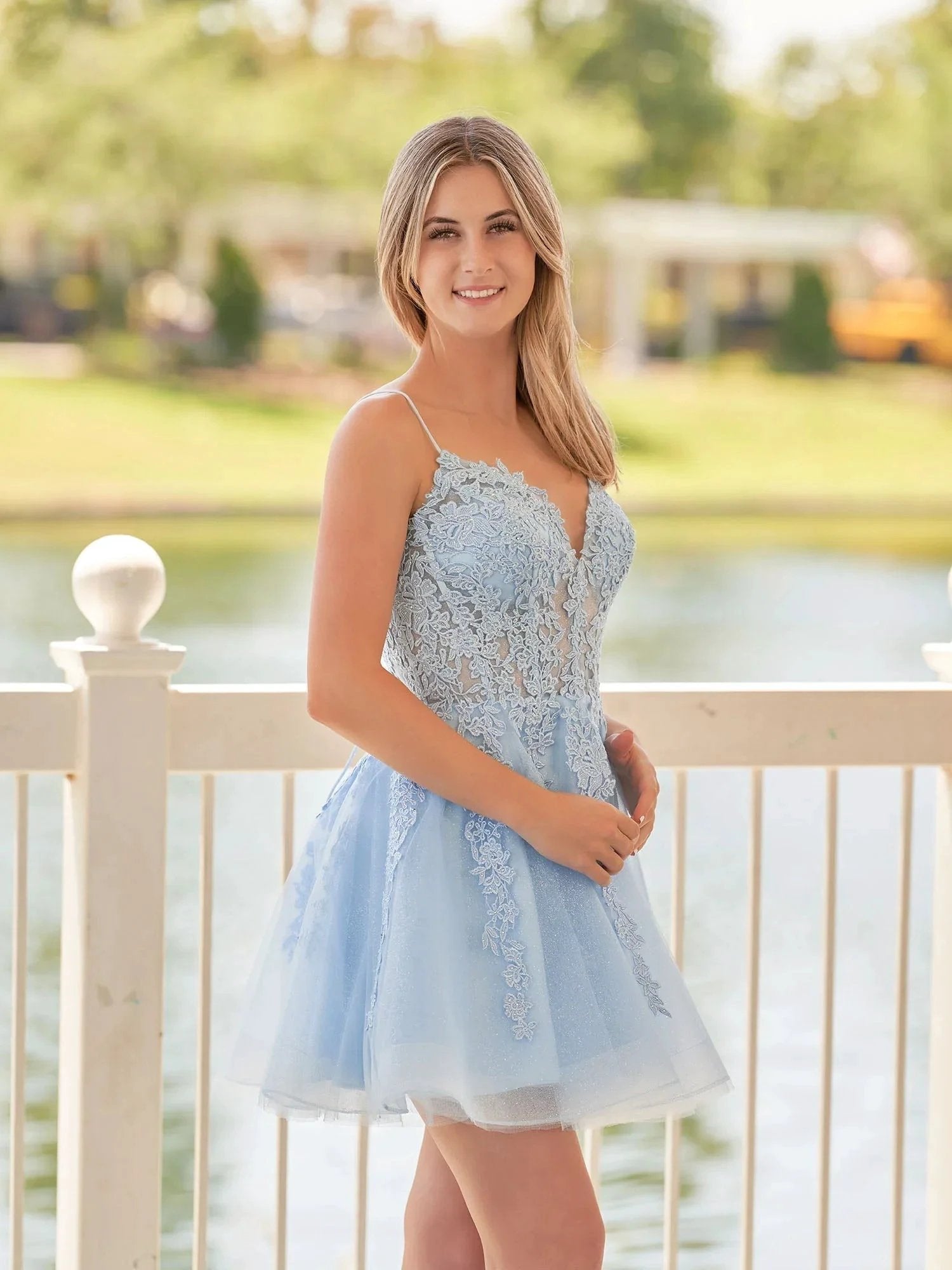 A-Line Spaghetti-Straps Sky Blue Lace Homecoming Dress With Appliques (ZD11576)