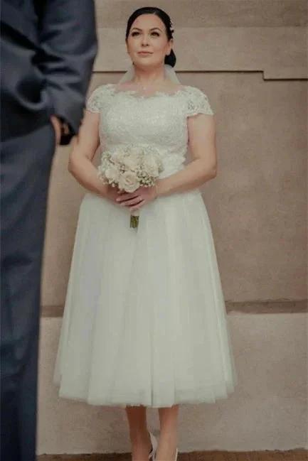 Ankle Length White Tulle Wedding Dress with Cap Sleeves (ZD14629)