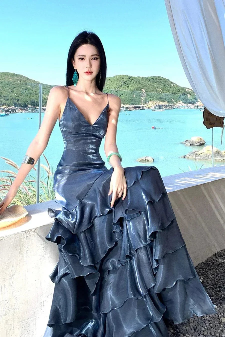 Elegant Deep Slate Blue Spaghetti Strap High-Slit Crisscross Lace-Up Open Back Tiered Satin Long Prom Dress Evening Dress