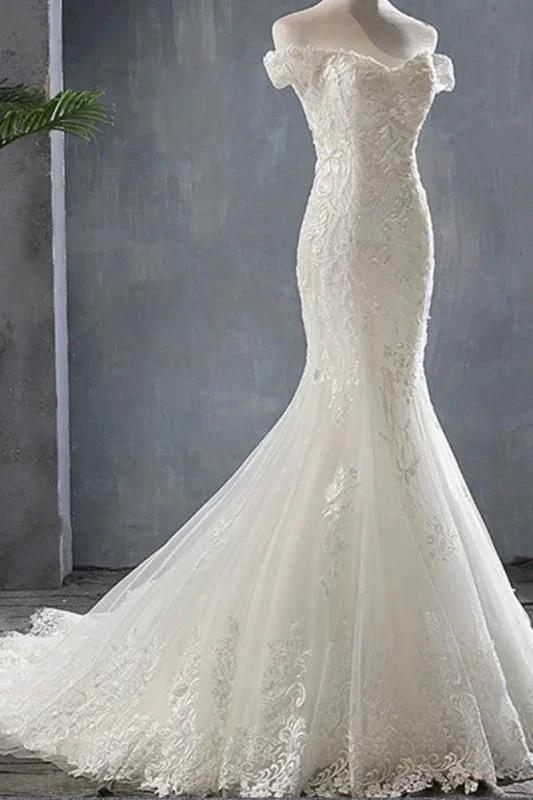 Applique Off Shoulder Lace-up Mermaid Elegant Wedding Dresses (ZD14745)