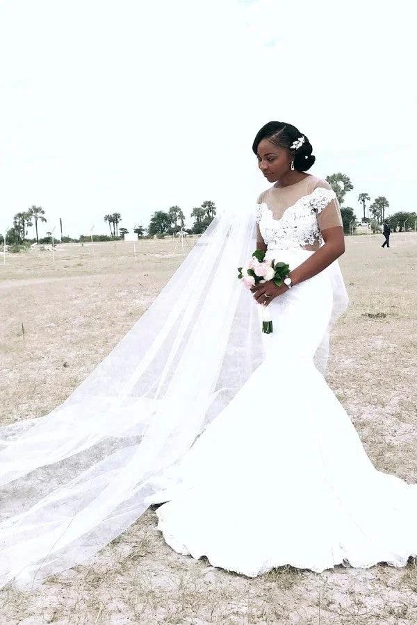 Appliques Sheer Tulle Mermaid Wedding Dress Pleated Bridal Wears (ZD13824)