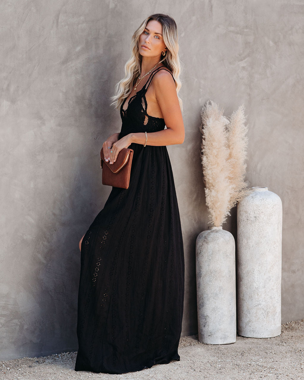 Archer Pocketed Lace Eyelet Maxi Dress Black