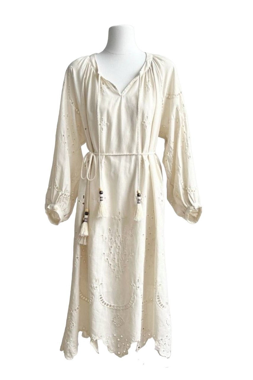 Delfina Aesthetic Embroidered Midi Dress with Hemstitch Statement Occasion Edit