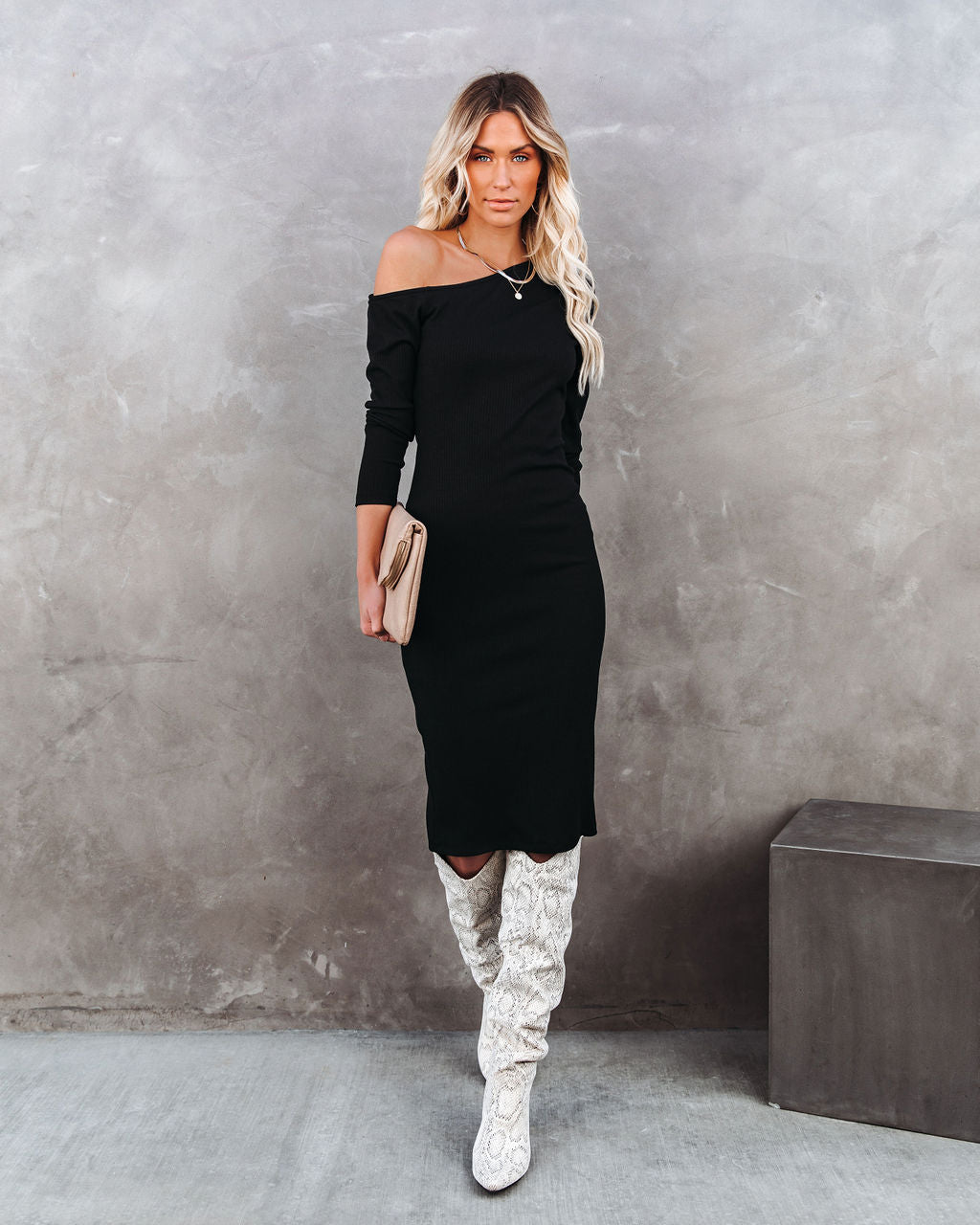 Arielle Off The Shoulder Ribbed Knit Midi Dress FINAL