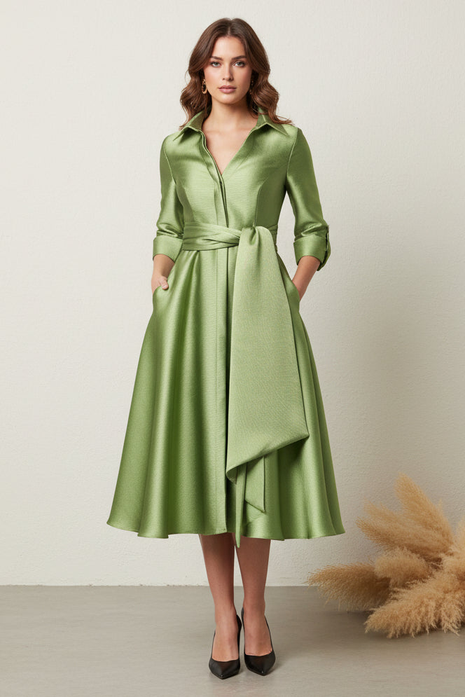 Elegant A-Line Collared Shirt Dress with Sash