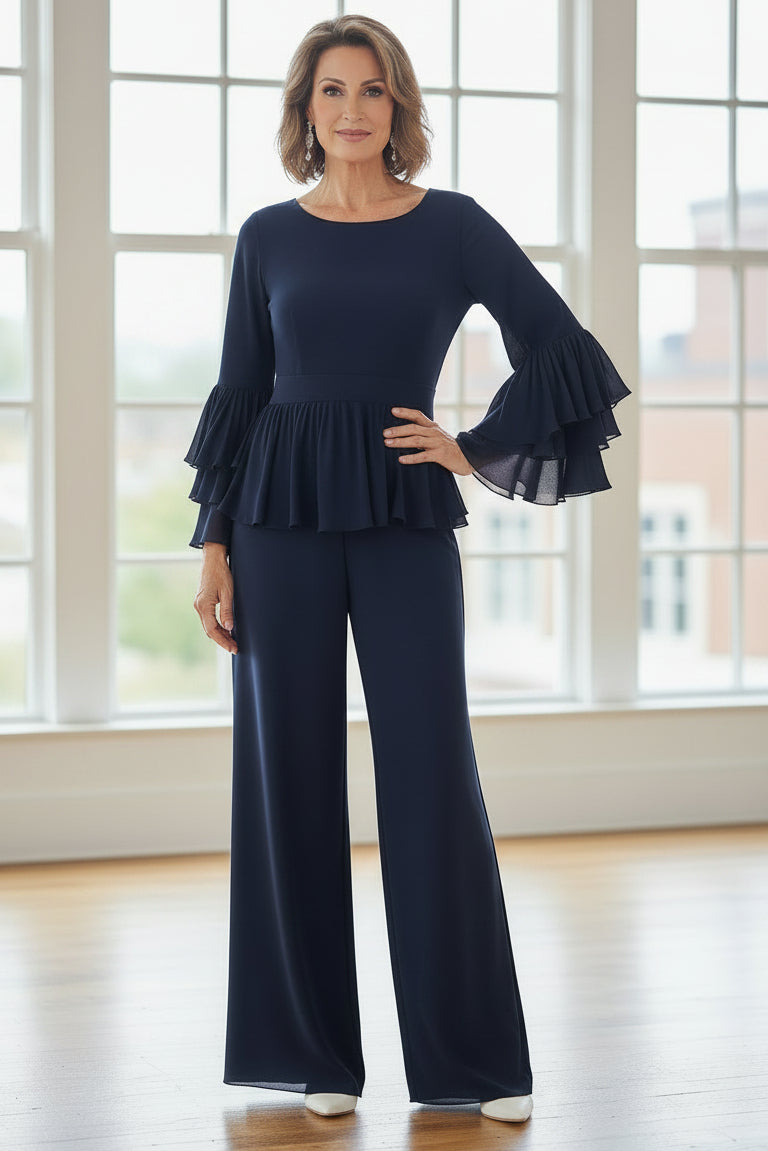 Elegant Peplum Long Sleeve Wide Leg Pantsuit
