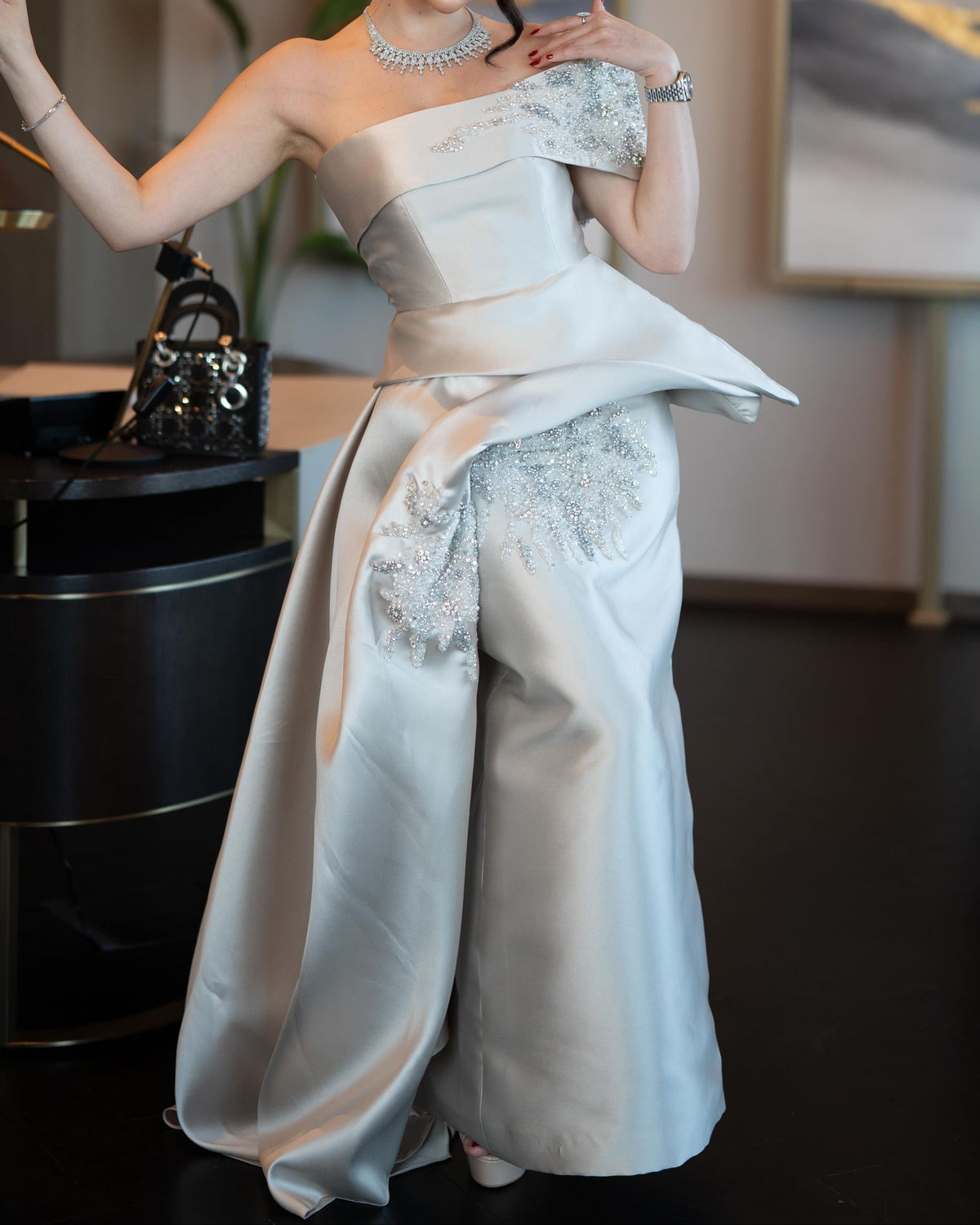 Asymmetrical Beaded Off-the-Shoulder Evening Gown