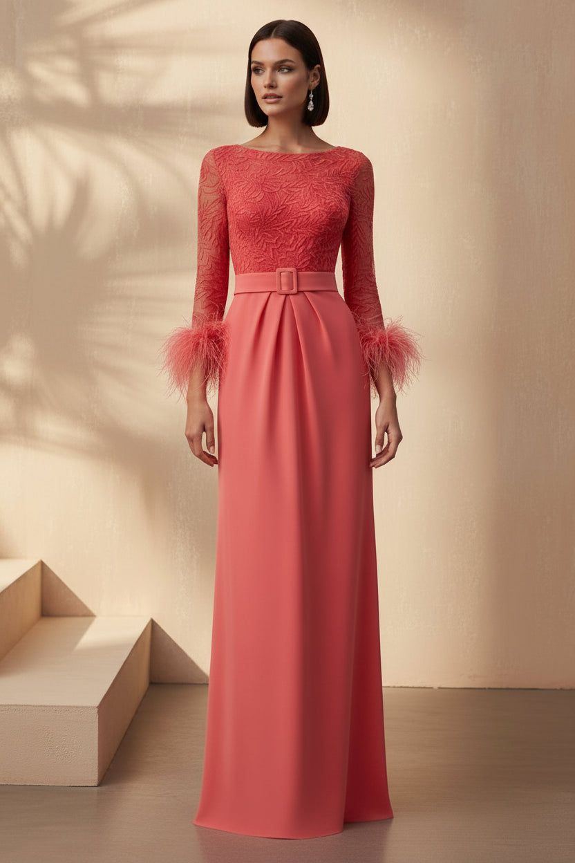 Feather Cuff Lace Bodice Evening Gown