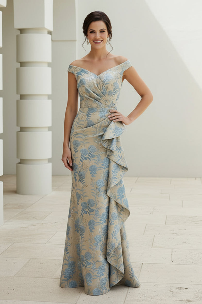 Off Shoulder Floral Jacquard Ruffle Gown
