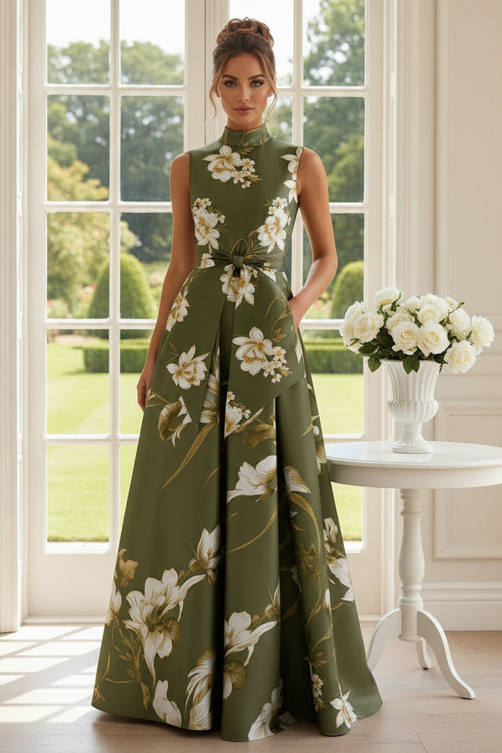 High-Neck Floral A-Line Maxi Dress with Pockets
