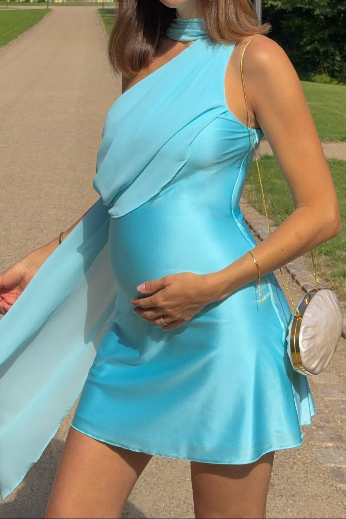 One-Shoulder Drape Satin Mini Dress