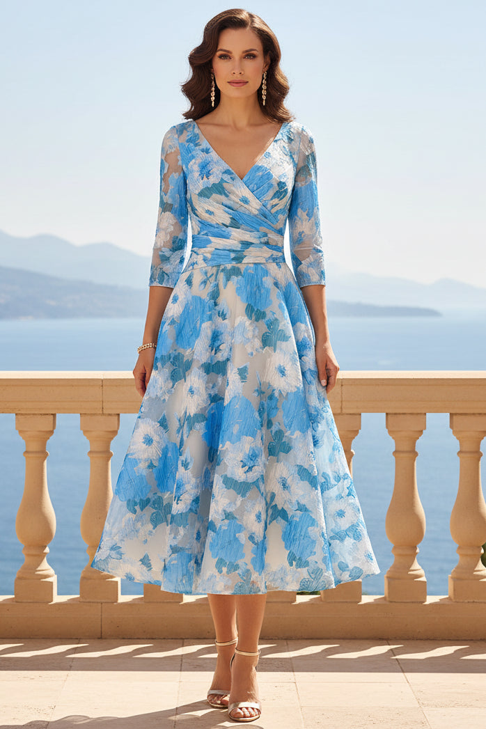 Elegant Floral A-Line Midi Dress with 3/4 Sleeves