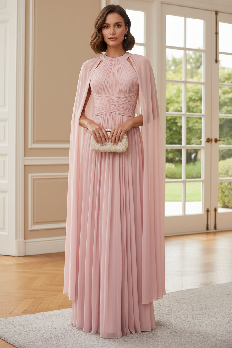 Elegant High-Neck Pleated Evening Gown with Cape