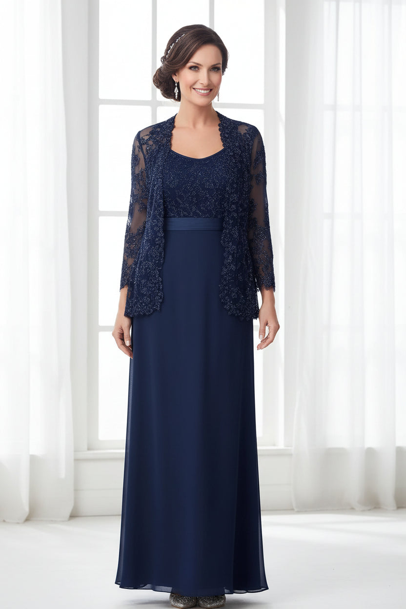Beaded Lace & Chiffon Dress with Jacket