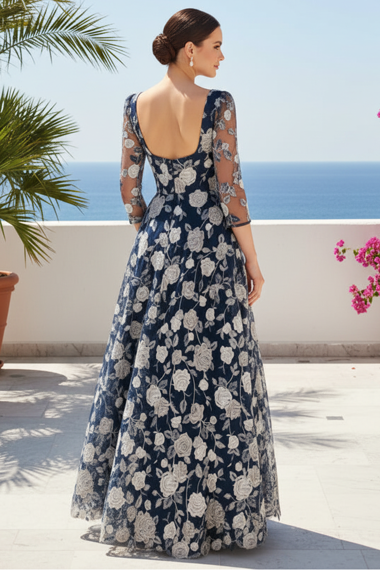 Floral Embroidered Square Neck A-Line Evening Gown