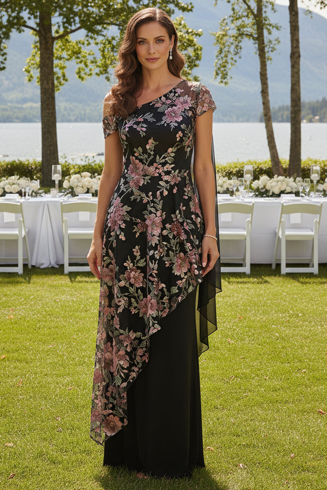 One-Shoulder Embroidered Floral Evening Gown