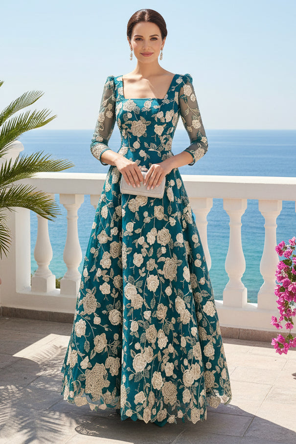 Floral Embroidered Square Neck A-Line Evening Gown