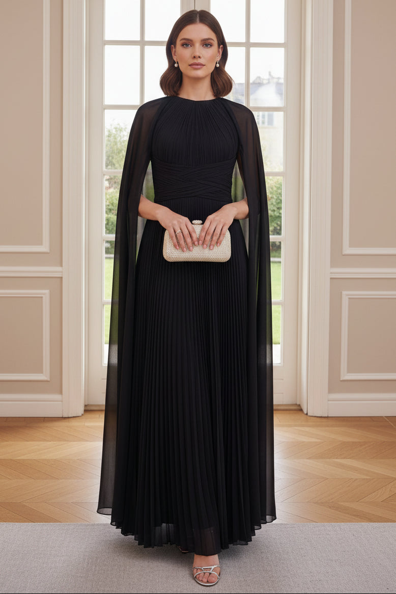Elegant High-Neck Pleated Evening Gown with Cape