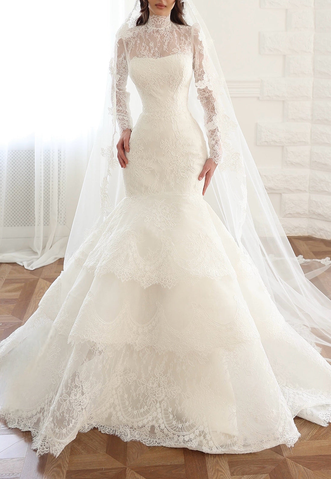 High Neck Lace Mermaid Wedding Dress with Tiered Skirt