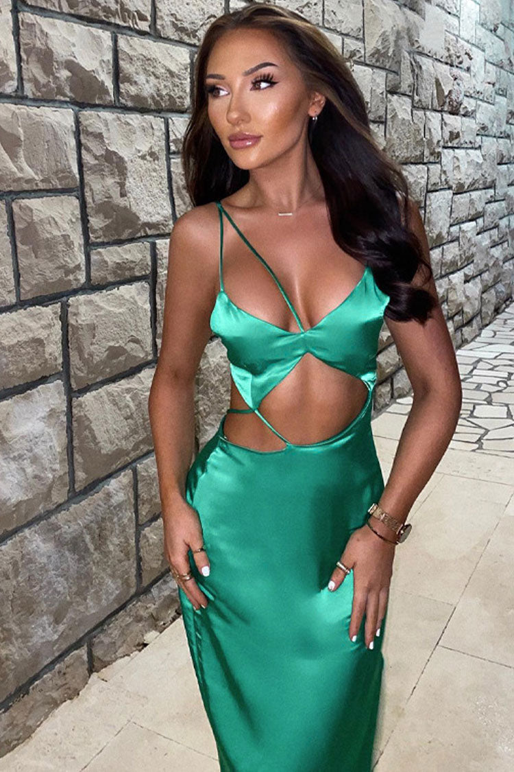 Asymmetric Cutout Summer High Slit Slip Maxi Dress - Green