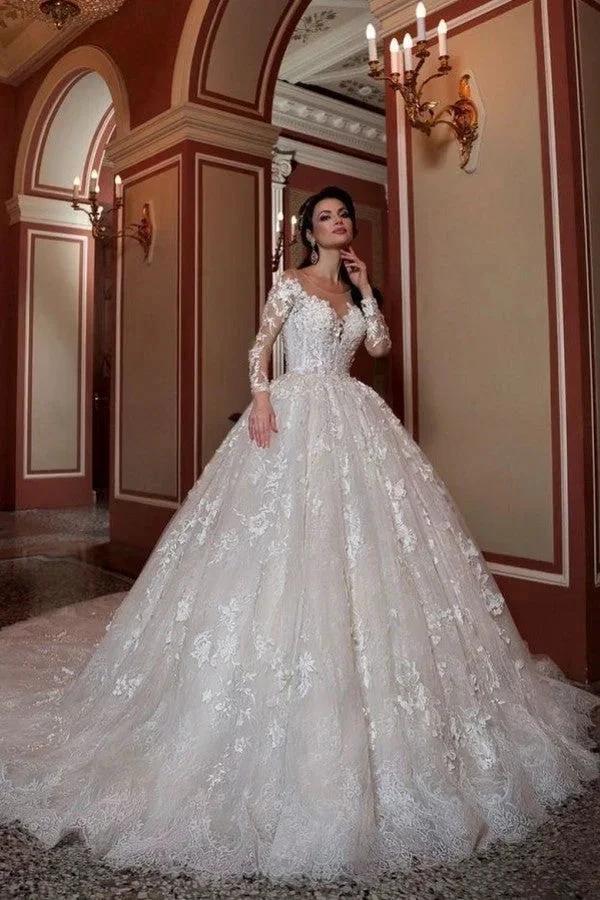 Attractive Long A-Line Bateau Beading Appliques Lace Train Wedding Dress with Sleeves (ZD14310)