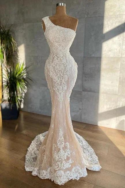 Attractive One Shoulder Appliques Lace Floor-length Mermaid Wedding Dress (ZD14686)