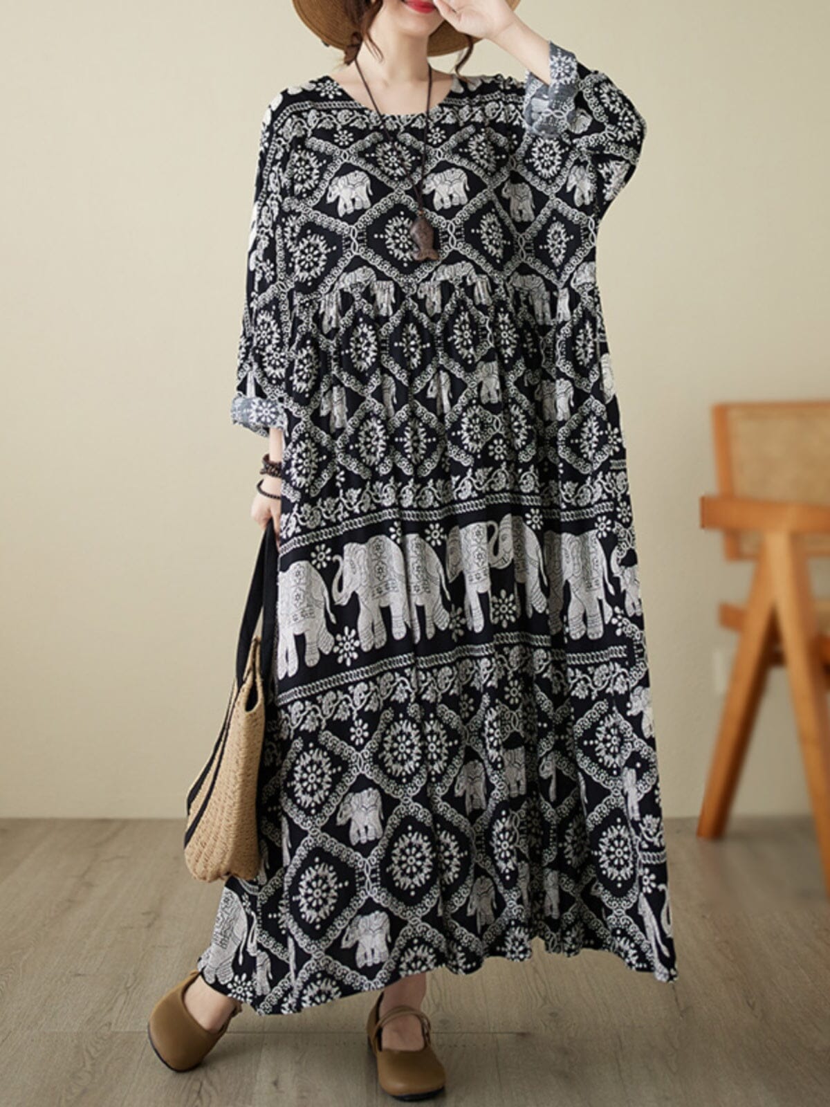 Women Retro Print Long Sleeve Loose Dress
