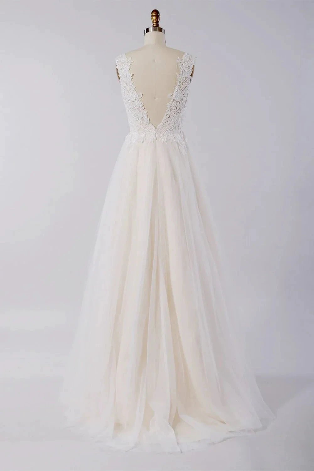 Awesome Long A-line Appliques Lace Tulle Open Back Wedding Dress (ZD14432)