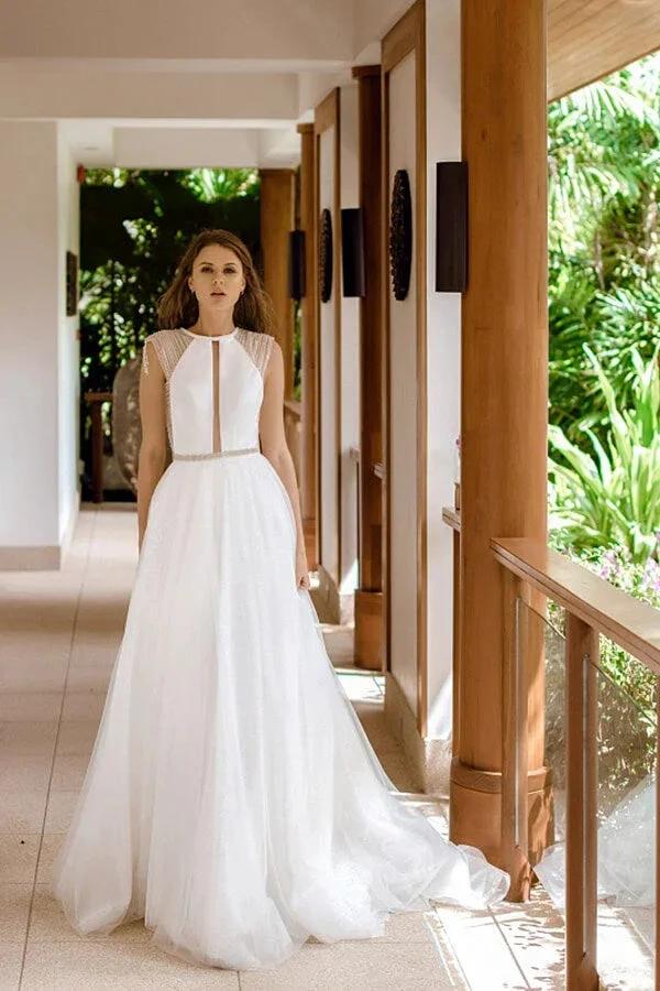 Awesome Long A-line Beading Tulle Open Back Wedding Dress (ZD14372) - VelvetHem